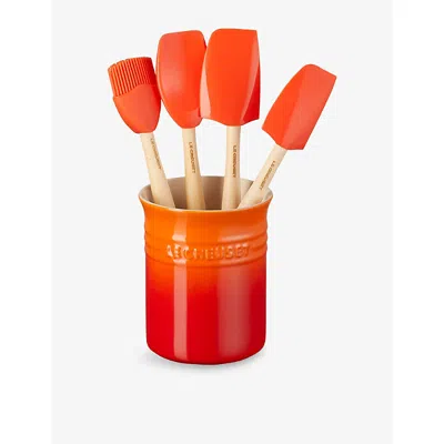 Le Creuset Volcanic Craft Stoneware Utensil Jar And Set Of Four Silicone Spatulas In Brown