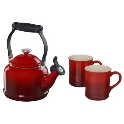 Le Creuset Demi Kettle W/ Ss Knob & 2 Mug Set In Cerise
