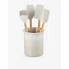 Le Creuset Meringue Craft Stoneware Utensil Jar And Set Of Four Silicone Spatulas