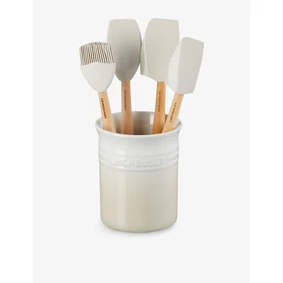 Le Creuset Meringue Craft Stoneware Utensil Jar And Set Of Four Silicone Spatulas In White