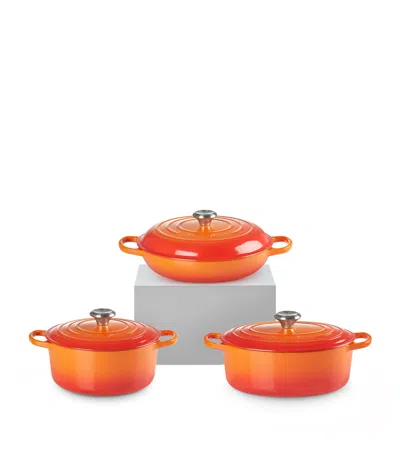 Le Creuset Set Of 3 Cast Iron Casserole Dishes In Orange