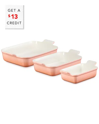 Le Creuset Set Of 3 Heritage Rectangular Dishes With $13 Credit In Pink