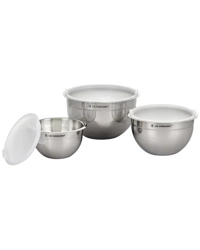 Le Creuset Set Of 3 Nested Mixing Bowls With Nonslip Silicone In Silver