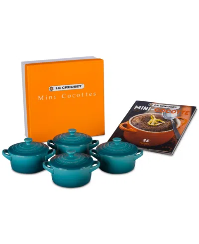 Le Creuset Set Of 4 Mini Round Stoneware Cocottes With Recipe Booklet In Caribbean
