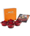 Le Creuset Set Of 4 Mini Round Stoneware Cocottes With Recipe Booklet In Cerise