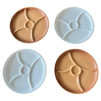 Pre-owned Le Creuset Set Of 4 Vintage  Divided Snack Plates For Sushi, Tapas. In Sand
