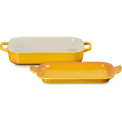 Le Creuset Shallow Rectangular Baker With Platter Lid In Nectar