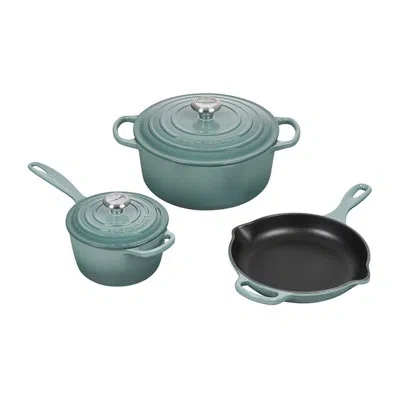 Le Creuset Signature Cast Iron 5 Piece Set, Sea Salt (5.5 Qt. Sig. Rdo, 1.75 Qt. Sig. Saucepan, 9" Sig. Skillet In Sea Salt,silver,black