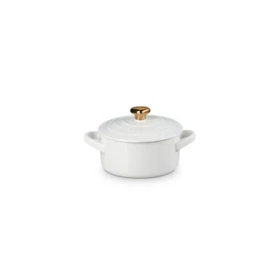 Le Creuset Stoneware Classic Round Mini Cocotte 8 oz Heart Gold Knob In White