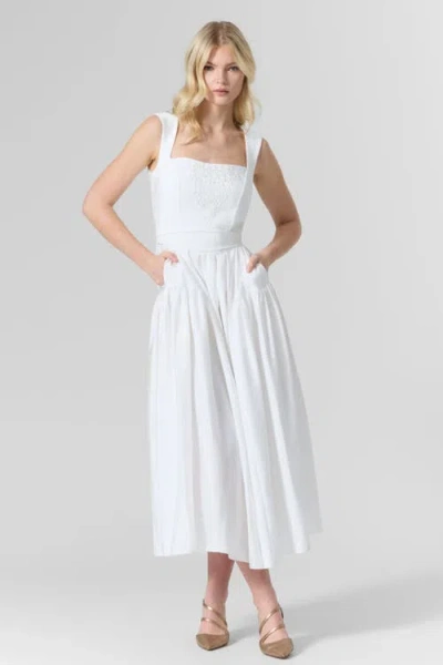 Le Fafo Belted Taffeta Embroidered Midi Dress In White