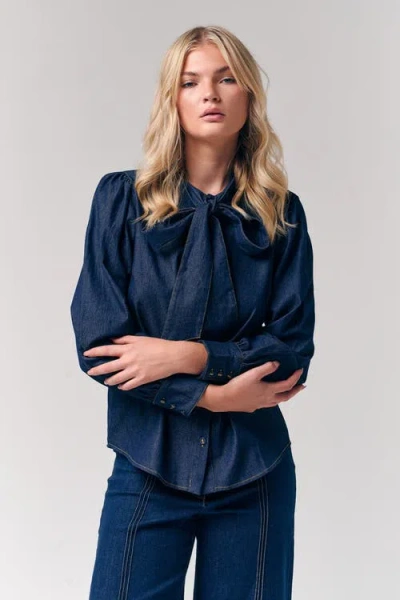 Le Fafo Bow Accent Denim Shirt In Blue