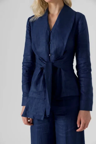 Le Fafo Linen Waist Tie Shirt In Navy Blue