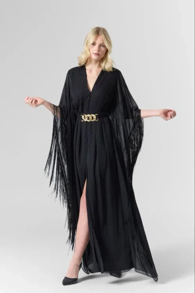 Le Fafo Luna Fringe Belted Gown Dress In Black