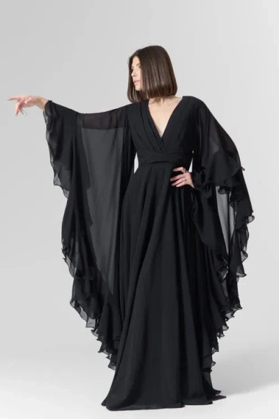Le Fafo Luna Ruffles Sleeves Chiffon Maxi Dress In Black