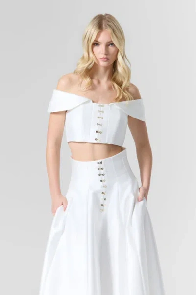 Le Fafo Off-shoulder Silk Top & Skirt Set In White