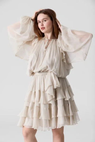 Le Fafo Silk Chiffon Tie Belt Short Dress In Light Beige