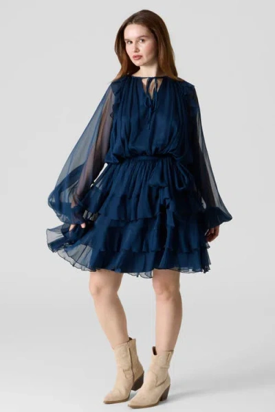 Le Fafo Silk Chiffon Tie Belt Short Dress In Midnight Navy