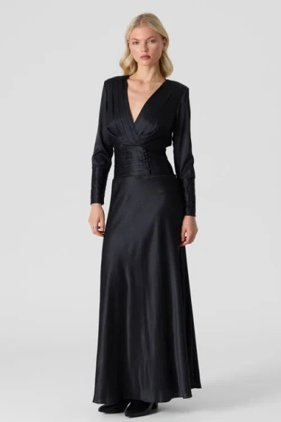 Le Fafo Silk Maxi V-neck Dress In Black