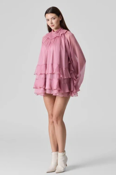 Le Fafo Tiered Ruffle Silk Chiffons Tunic Mini Dress In Dusty Rose