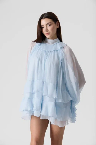 Le Fafo Tiered Ruffle Silk Chiffons Tunic Mini Dress In Light Blue