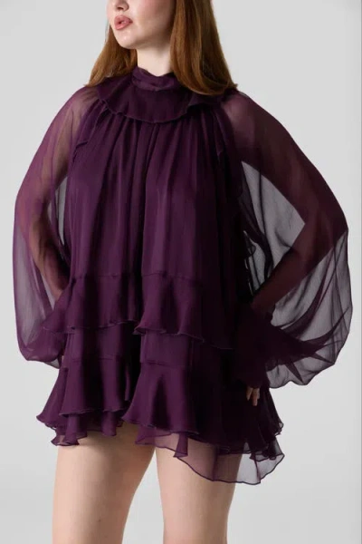 Le Fafo Tiered Ruffle Silk Chiffons Tunic Mini Dress In Plum Noir
