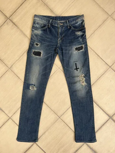 Pre-owned Le Grande Bleu L G B L.g.b. Wolf Honour Rips Patchwork Stretch Denim Jeans In Blue