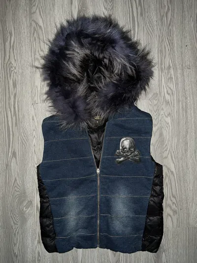 Pre-owned Le Grande Bleu L G B Skull Fur Puffer Jacket In Blue