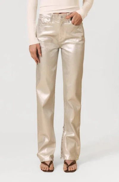 Le Jean '90s Metallic Split Hem High Waist Straight Leg Jeans In Silver