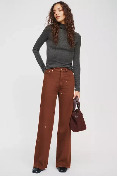 Le Jean Column Studded High Rise Wide Leg Jeans In Brown
