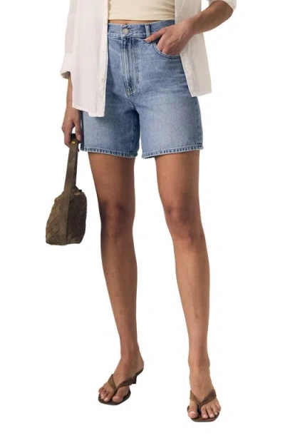 Le Jean Frida High Waist Mid Thigh Denim Shorts In Blue