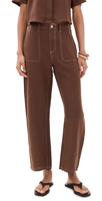 Le Jean Mid Rise Linen Utility Barrel Pants Cocoa In Brown