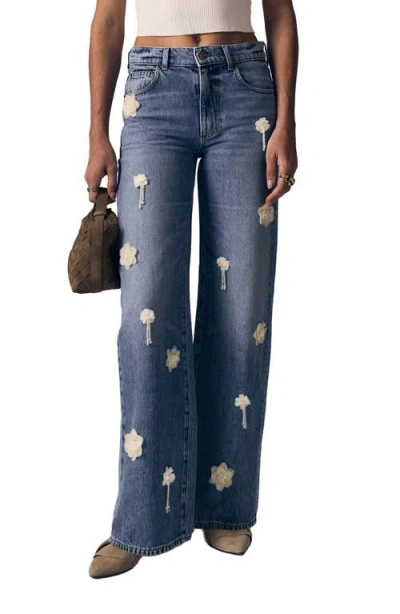 Le Jean Nomad Flower Appliqué High Waist Wide Leg Jeans In Black