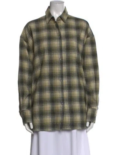 Pre-owned Le Jean Plaid Print Long Sleeve Button-up Top In Green