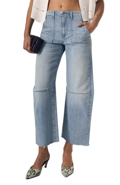Le Jean Raw Hem Soft Utility Barrel Leg Jeans In Brown