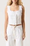 Le Jean Ruffle Trim Linen Blend Crop Tank In White