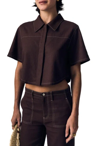 Le Jean Short Sleeve Swing Linen Button-up Shirt In Brown