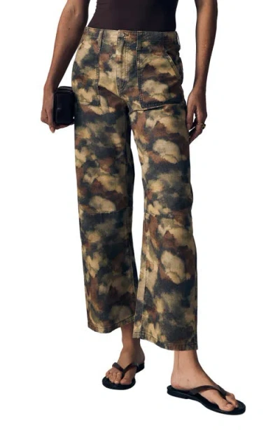 Le Jean Watercolor Camo Print Crop Barrel Utility Jeans In Multi