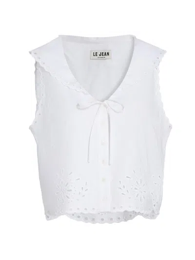 Le Jean Women's Embroidered Eyelet Linen Sailor Top In White