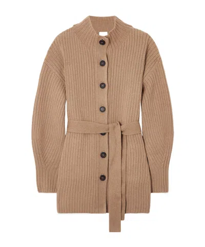 Le Kasha Cotai Belted Ribbed Organic Cashmere Cardigan In Brown
