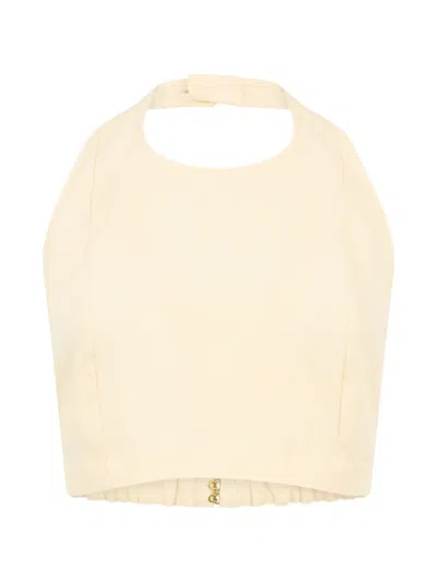 Le Kasha Cropped Linen Halterneck Top In Neutral