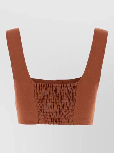 Le Kasha Jirja Linen Crop Top Smocked Neckline In Brown