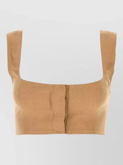 Le Kasha Jirja Linen Crop Top Smocked Square Neckline In Brown