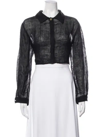 Pre-owned Le Kasha Linen Long Sleeve Button-up Top In Black