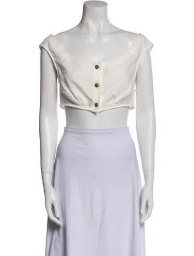 Pre-owned Le Kasha Linen Scoop Neck Crop Top In White