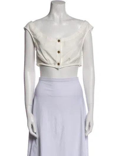 Pre-owned Le Kasha Linen Scoop Neck Crop Top In White