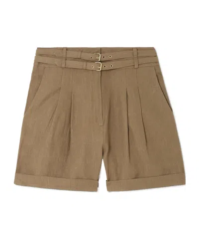 Le Kasha Aqiva Belted Pleated Linen Shorts In Brown