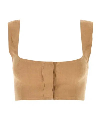 Le Kasha Womens Tabacco Square-neck Cropped Linen Top