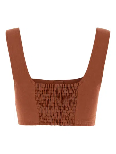 Le Kasha Jirja Linen Crop Top Smocked Neckline In Brown