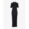 Le Kasha Womens Pointed-collar Ribbed Knit Maxi Dress Black In Black