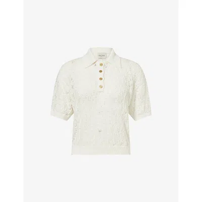 Le Kasha Womens White Qarar Crochet Linen Polo Shirt